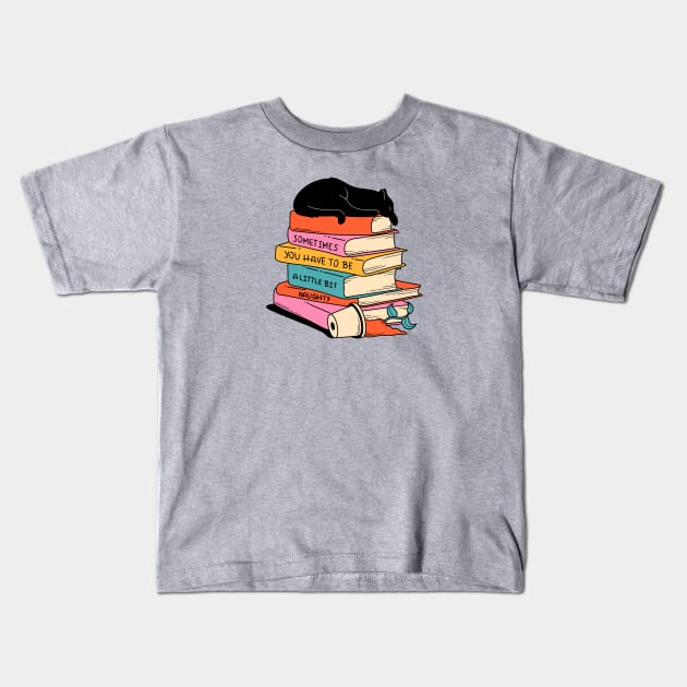 Books and Plant Black Cat in orange Kids T-Shirt by The Charcoal Cat Co.